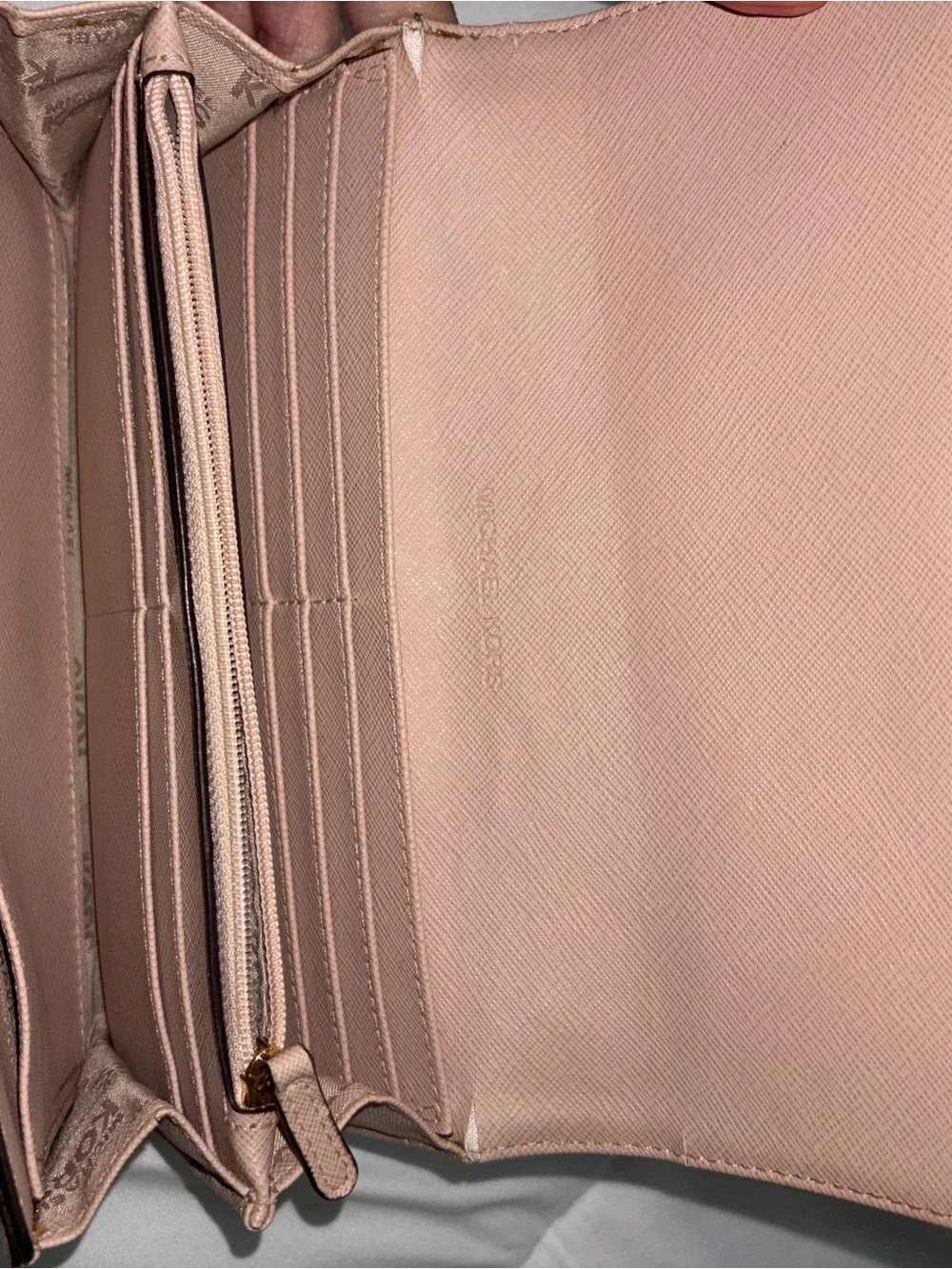 Michael Kors Pink Saffiano Trifold Wallet with Gold Logo